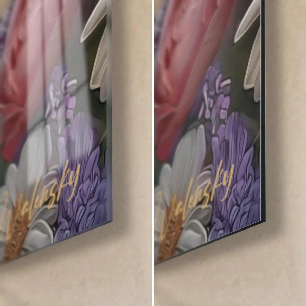 Gemälde Fuchshasen und violette Blüten, unten rechts Ecke: glänzendes Acrylglas links, mattgraues Alu-Dibond rechts, 3 mm Kante