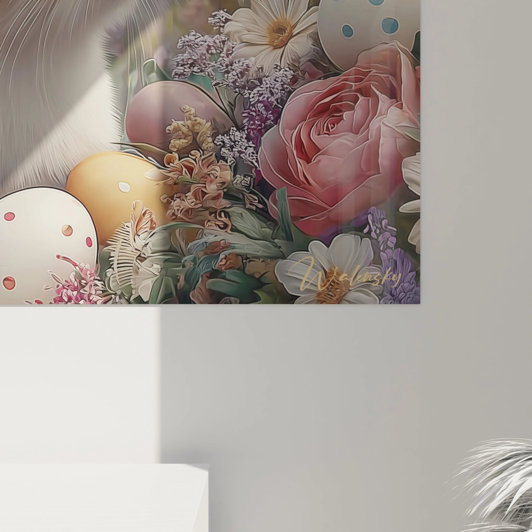Tableau mural Walensky fleurs, oeufs de Pâques et silhouette de lapin, décor printanier tableau lapins décoration Pâques