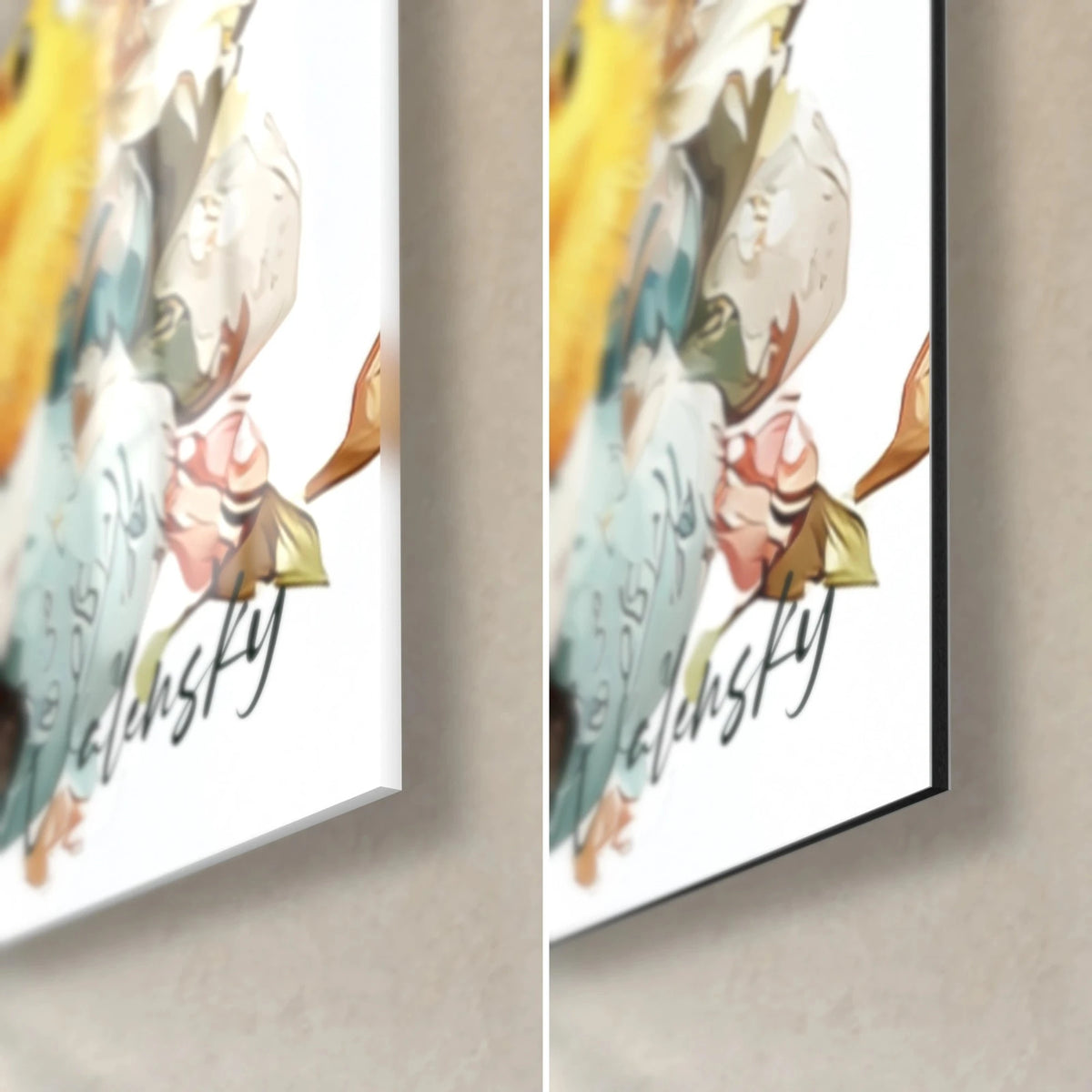 Quadro di conigli pasquali e pulcino giallo, angolo in basso a destra: vetro acrilico lucido a sinistra, alluminio Dibond nero opaco a destra, spessore 3 mm