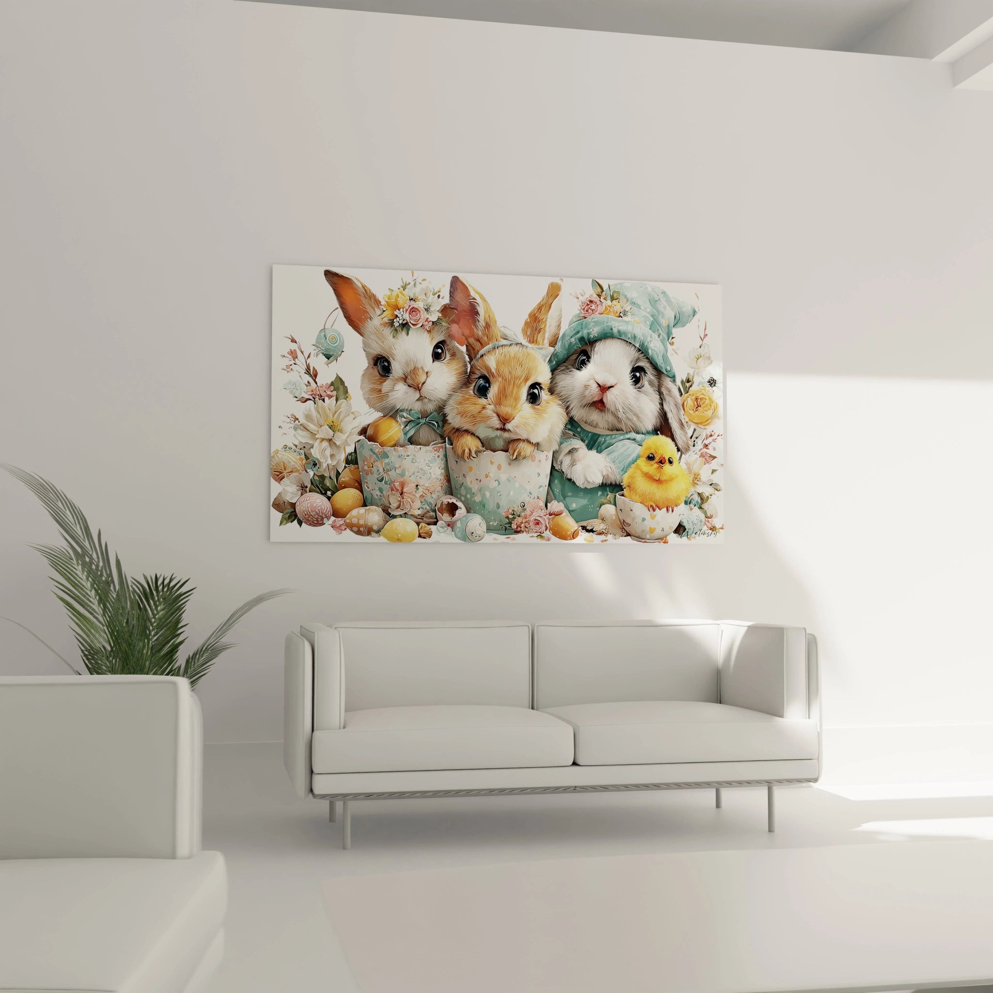 Walensky tableau lapins de pâques mural pastel trois lapins et poussin parmi des oeufs floraux
