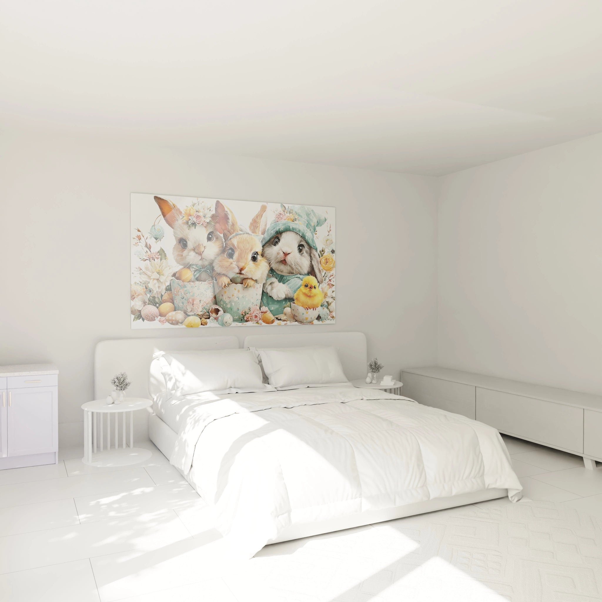 tableau lapins de pâques mural Walensky montrant trois lapins et poussins pastel au dessus d un lit blanc