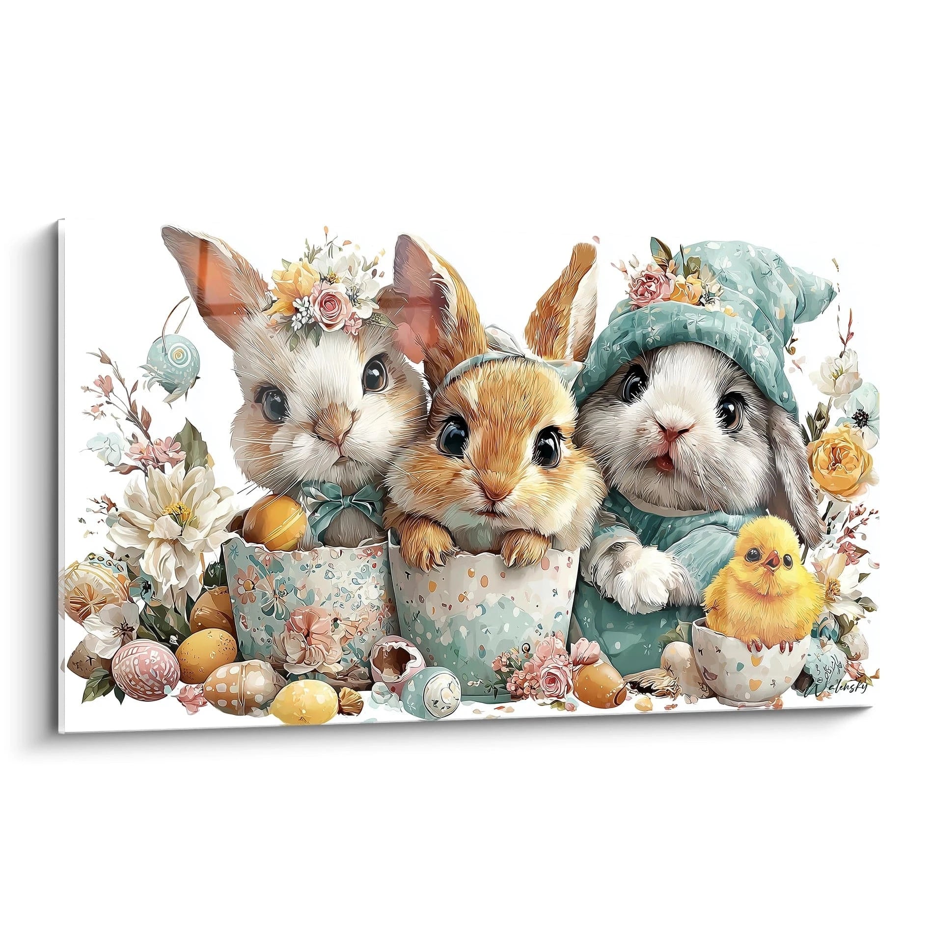 Walensky tableau lapins de pâques mural avec trois lapins mignons dans tasses pastel œufs décorés et un poussin