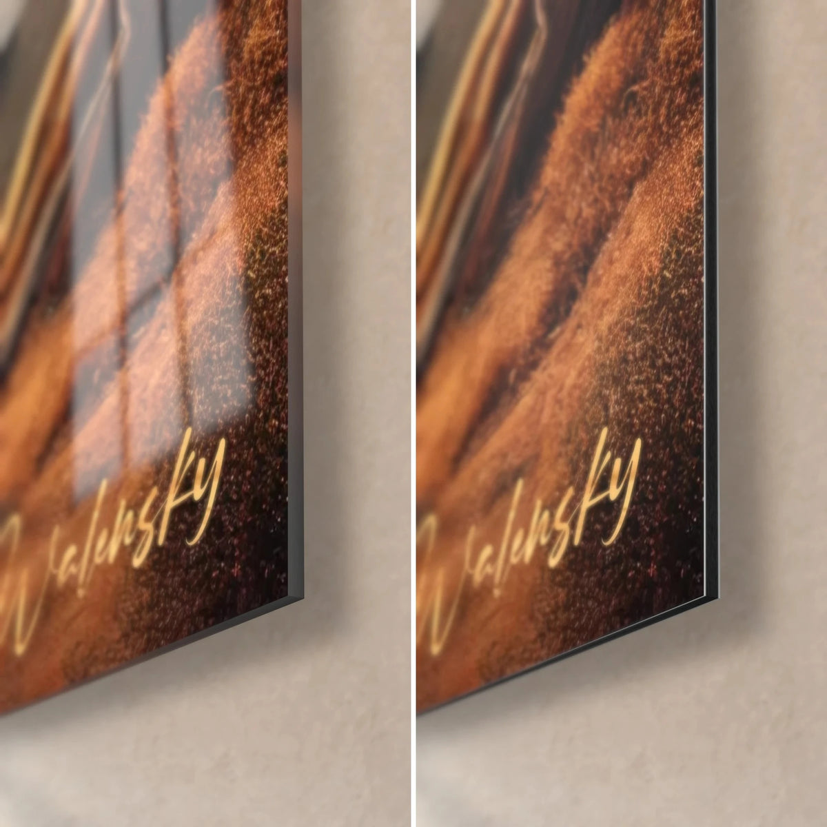Gemälde Wurzelelefanten, untere rechte Ecke: glänzendes Acrylglas mit Reflexen, matt rotbraunes Alu-Dibond, 3 mm Kante