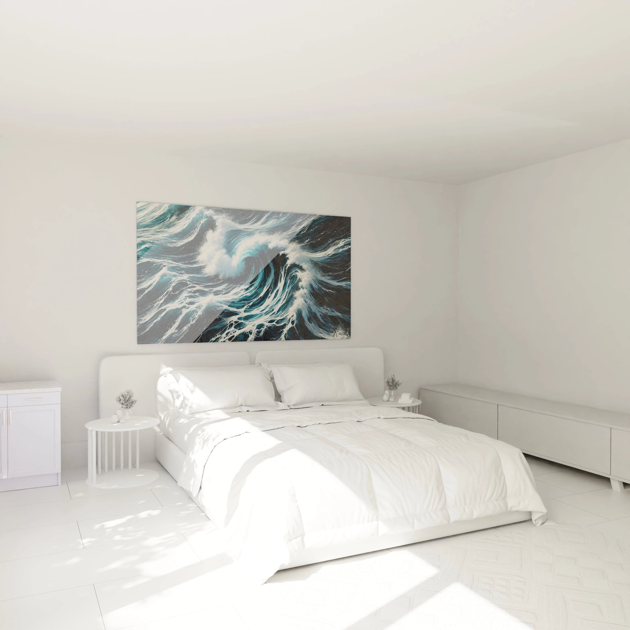 Ce tableau Ocean accroche dans une chambre au dessus du lit apporte une serenite enveloppante ses nuances de bleu et d ecume rappellent la grandeur apaisante de l ocean

