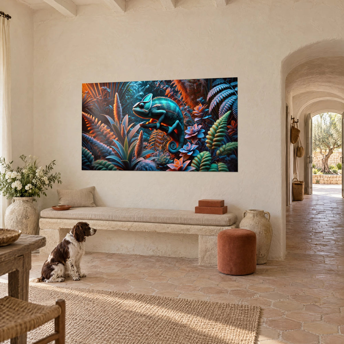 Wall art of a reptile with blue-green scales curling its tail in a spiral, orange and violet foliage, white wall of a Provençal farmhouse
