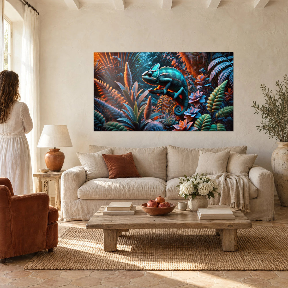 Wall art of a turquoise chameleon perched on a branch, moss-green ferns and orange flowers, above a sofa in a bright living room