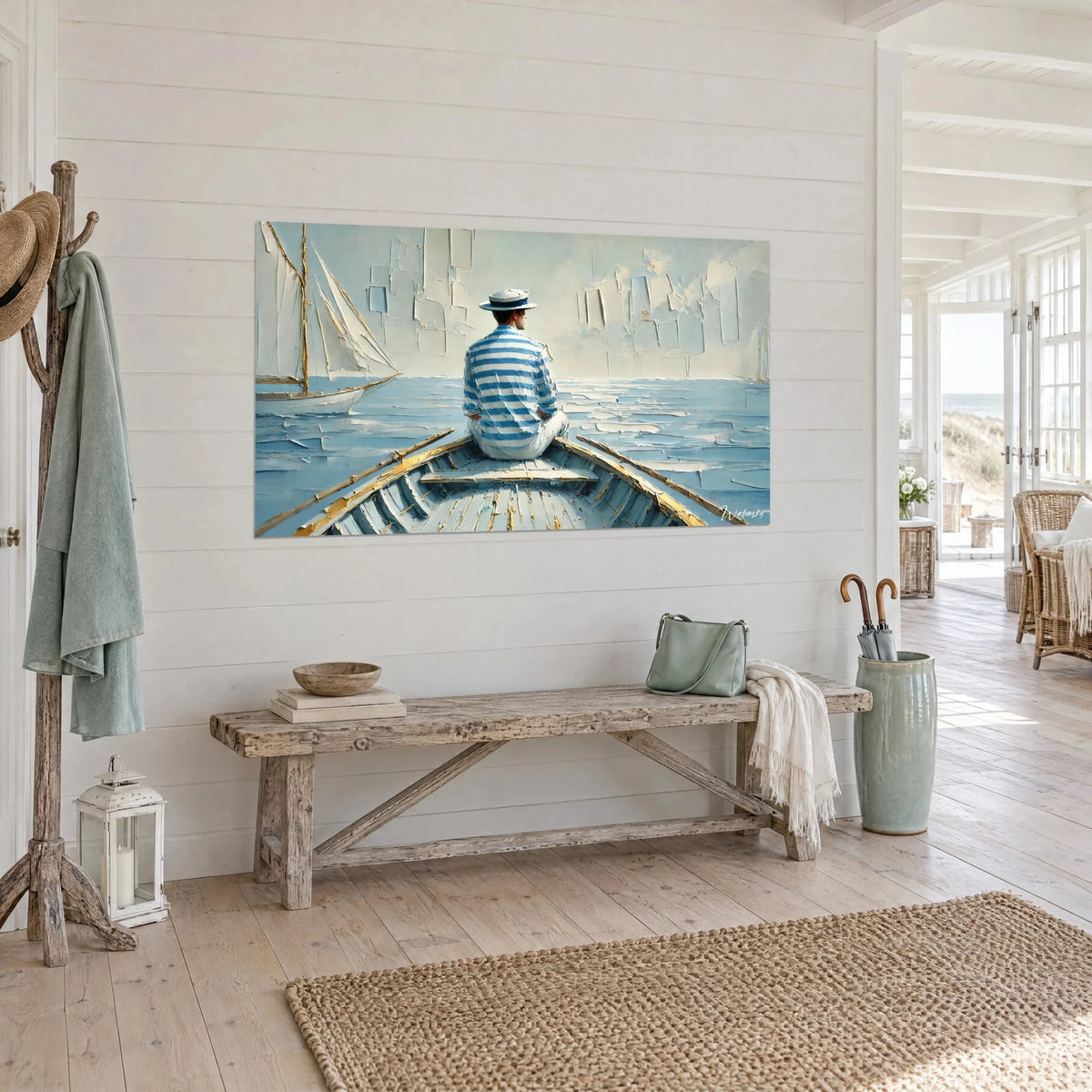 Tableau rameur au canotier bordé de bleu, barque aux liserés dorés, voilier ivoire, en vue de trois-quarts, maison de bord de mer