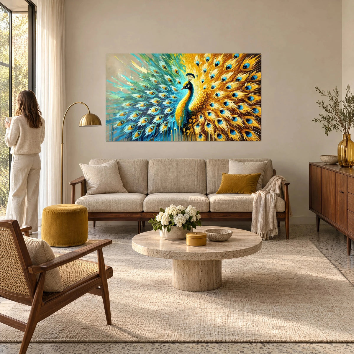Schilderij pauw met turquoise en gouden veren, reliëfachtige blauwe oogvlekken, een vrouw van achteren, boven een bank in een lichte woonkamer