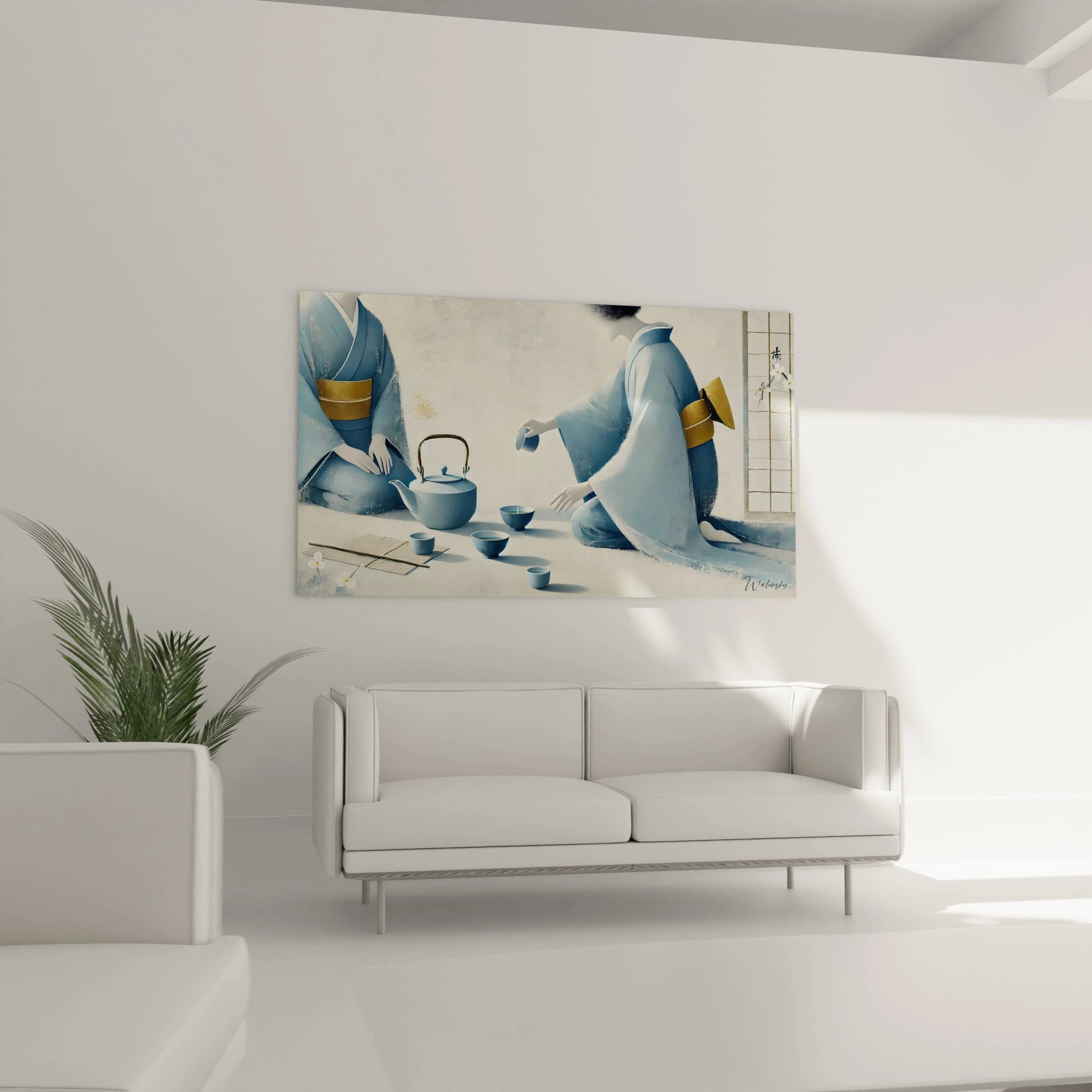 Accroche au mur du salon, ce tableau traditionnel asiatique apporte une atmosphere calme et raffinee. La douceur du bleu et beige et les details dores subliment votre decoration.

