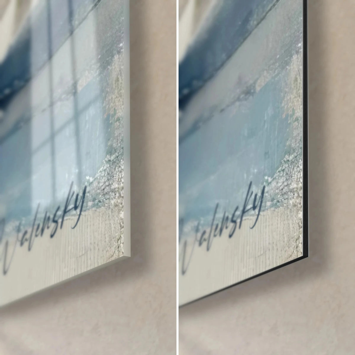 Gemälde Teeritual in Gletscherblau und Cremeweiß, Ecke unten rechts: glänzendes Acrylglas links, matte Alu-Dibond-Platte, 3 mm Stärke