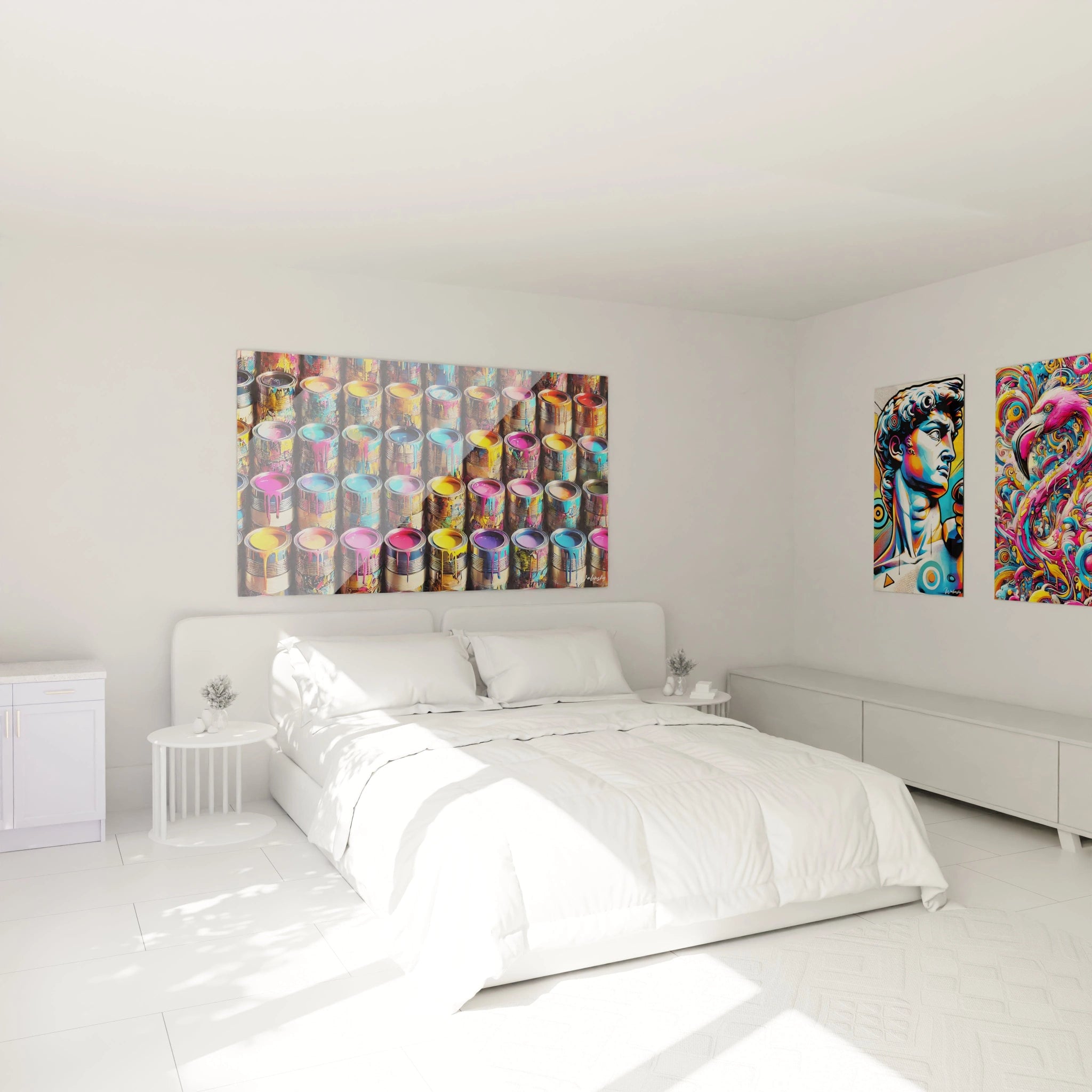 "Ajoutez une touche pop art à votre chambre avec ce tableau coloré. Les pots de peinture apportent une énergie vibrante à l’espace. 🎨Déco Chambre Tableau Créatif"