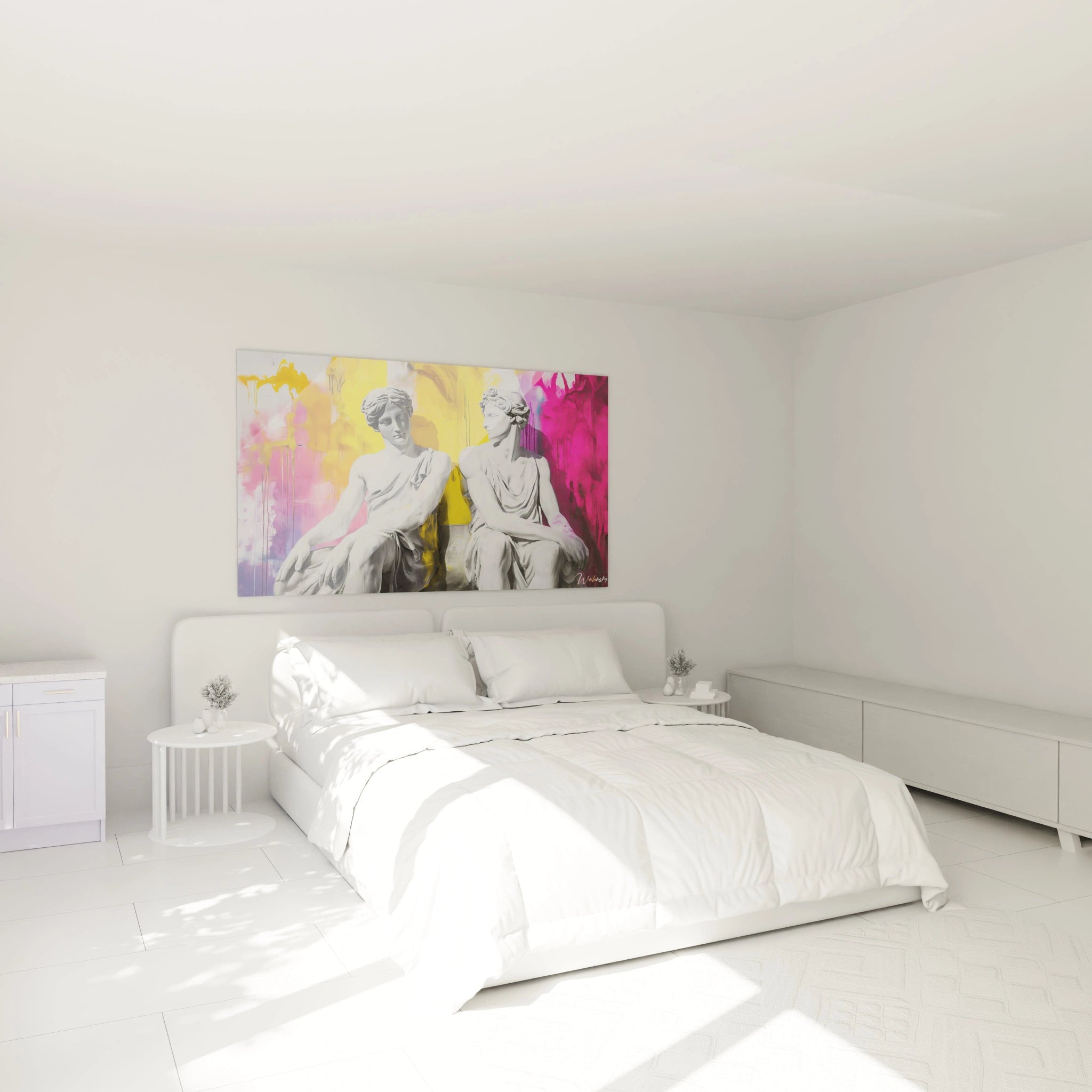Tableau figuratif abstrait avec des statues blanches réalistes, sur un fond texturé et coloré de rose et jaune vif, avec des effets de peinture dégoulinante.
