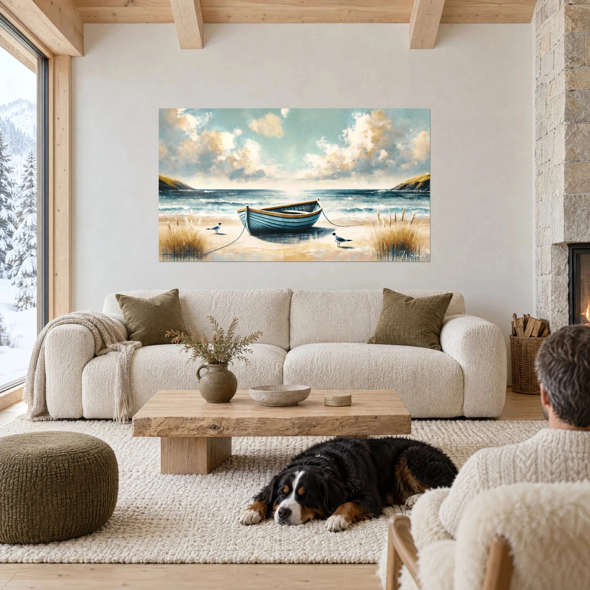 Tableau barque bleu ardoise échouée sur le sable doré, ciel nuageux ocre, au-dessus d'un canapé dans un salon lumineux