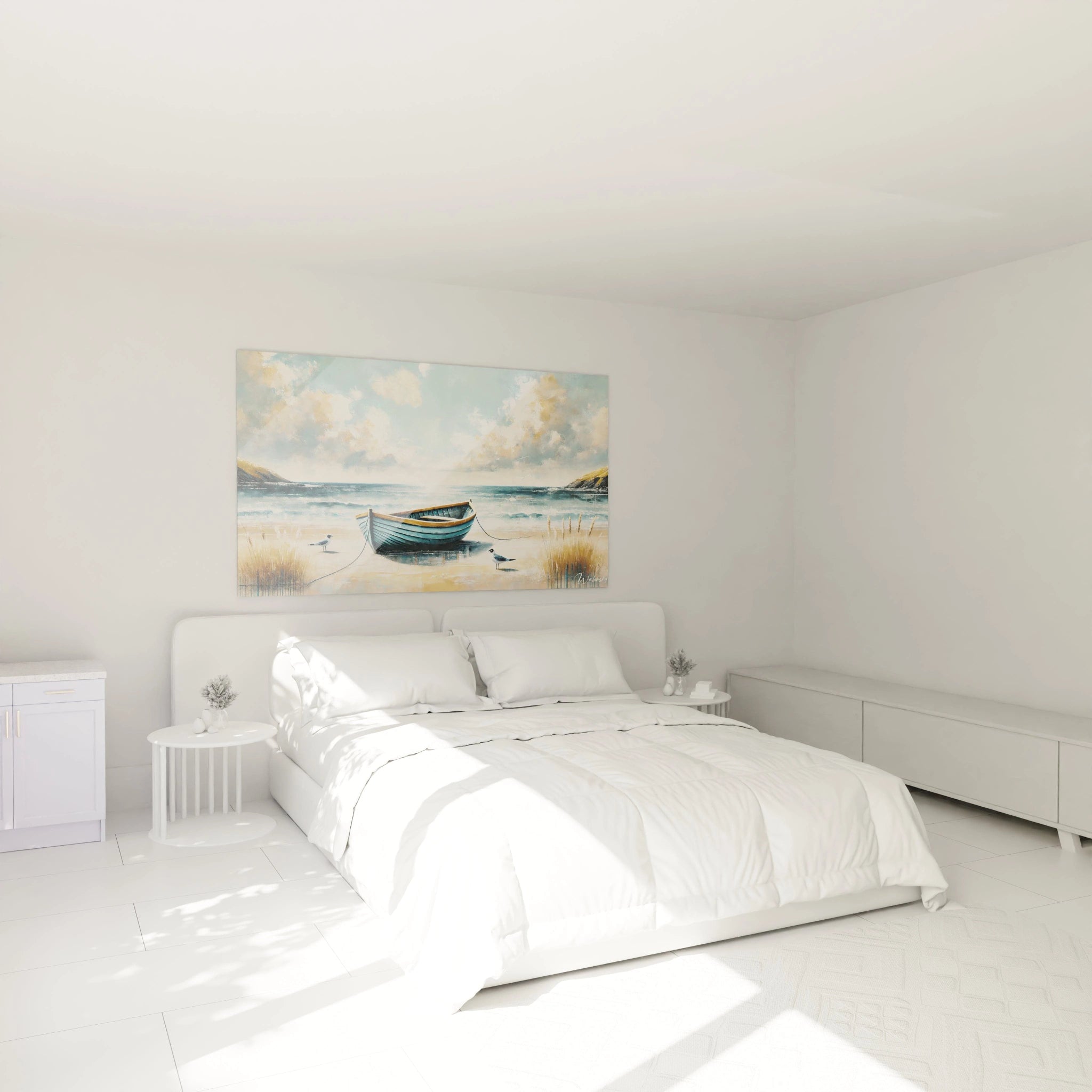Tableau Marin accroché au mur au-dessus d'un lit, créant une atmosphère sereine et poétique dans la chambre, invitant à la détente avec ses tons bleus et beiges

