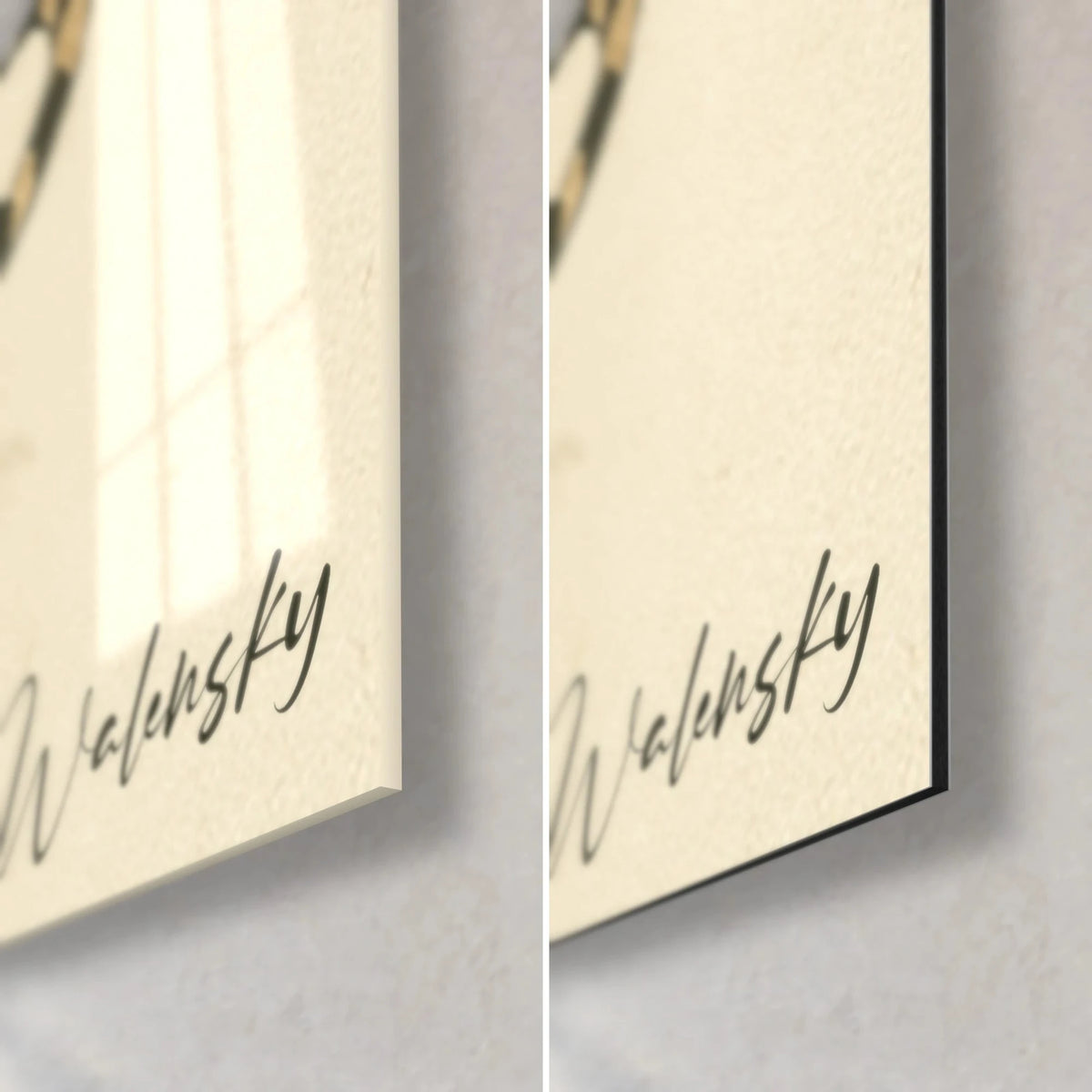 Wall art tiger in ink and ochre, Walensky signature bottom right, glossy acrylic glass with reflections on the left, matte black Dibond on the right