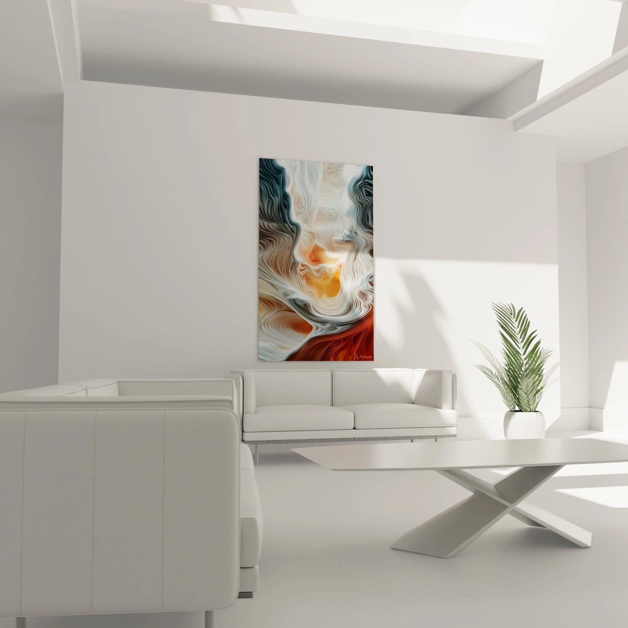 Un tableau abstrait en relief présentant des vagues de matière figées en mouvement, aux couleurs contrastées de blanc éclatant, bleu marine et orange vif, dont les couches stratifiées créent un effet de profondeur et de relief saisissant.
