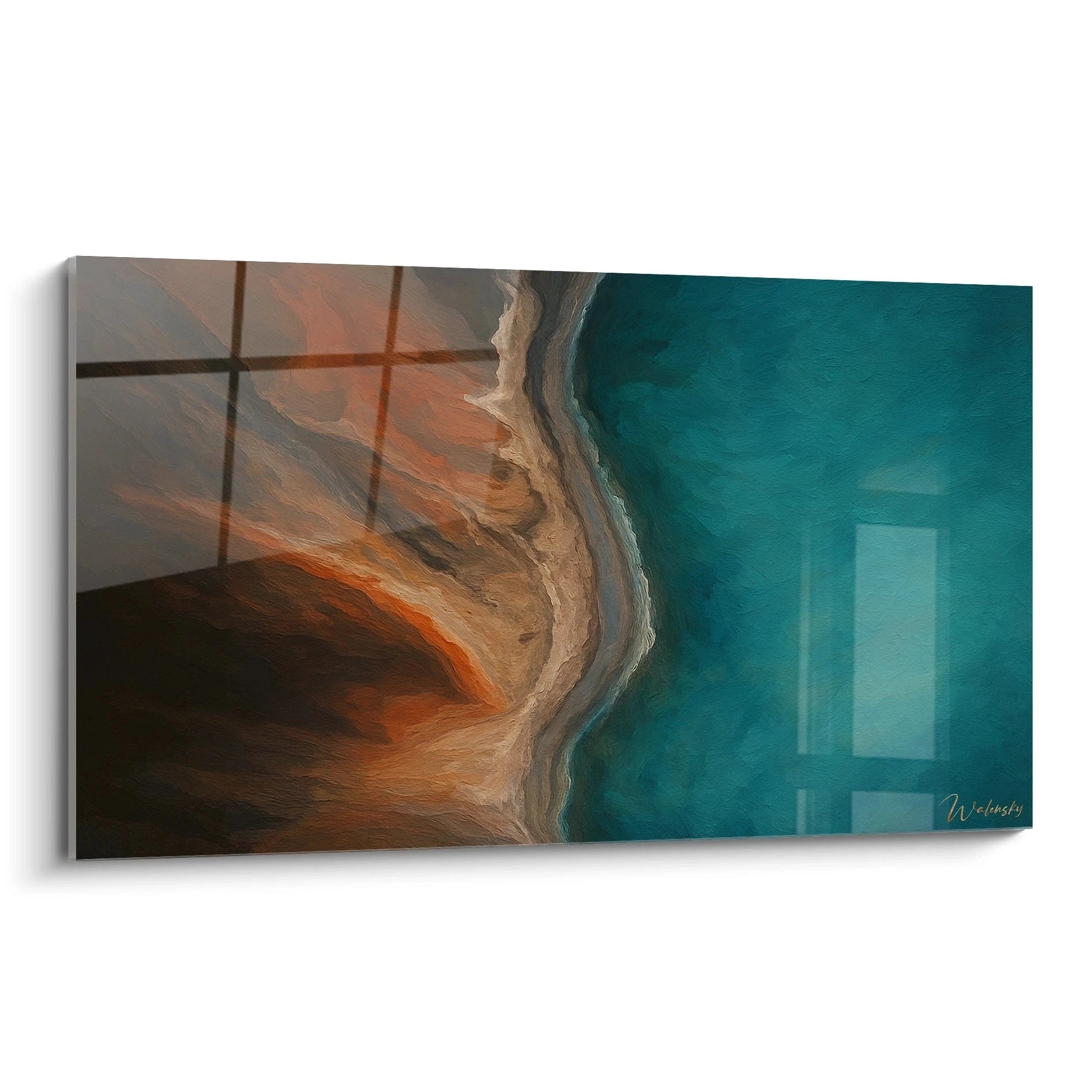 Un tableau vue aérienne représentant la rencontre entre terre et mer, avec des teintes orange et terracotta à gauche contrastant avec un bleu turquoise profond à droite, séparés par une ligne organique aux textures fluides et ondulées.
