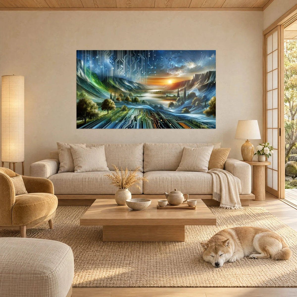 Gemälde einer verschmolzenen Landschaft aus blauen Leiterbahnen und grünen Hügeln, oranger Sonnenschein, schlafender Shiba, über einem Sofa in einem hellen Wohnzimmer