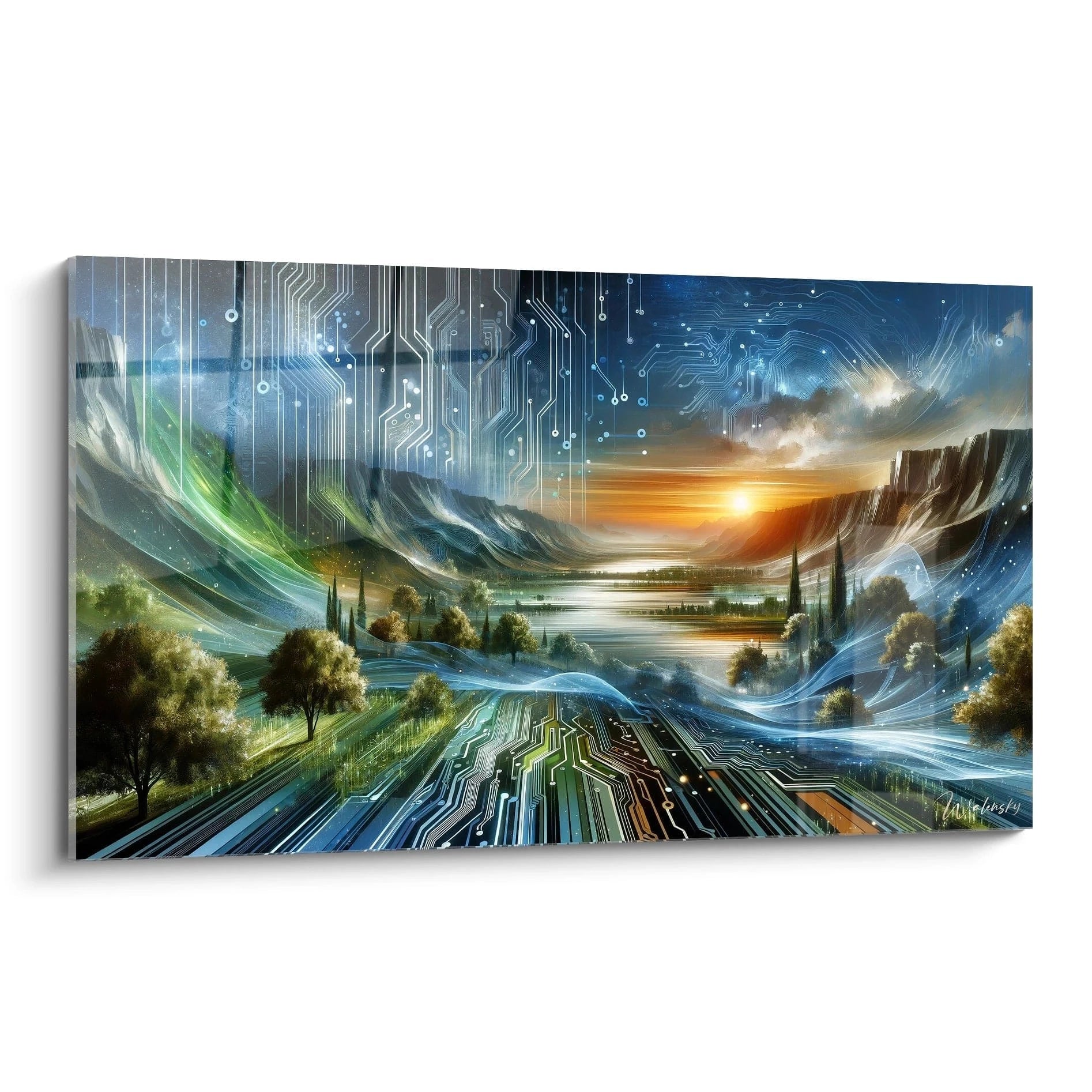 Tableau abstrait représentant un paysage hybride fusionnant nature et technologie. Montagnes majestueuses et vallée arborée traversées par motifs de circuits électroniques lumineux. Palette contrastée de bleu profond, vert émeraude, orange doré et blanc brillant. Composition avec soleil couchant à l'horizon et superposition d'éléments naturels et numériques créant un monde imaginaire dual.
