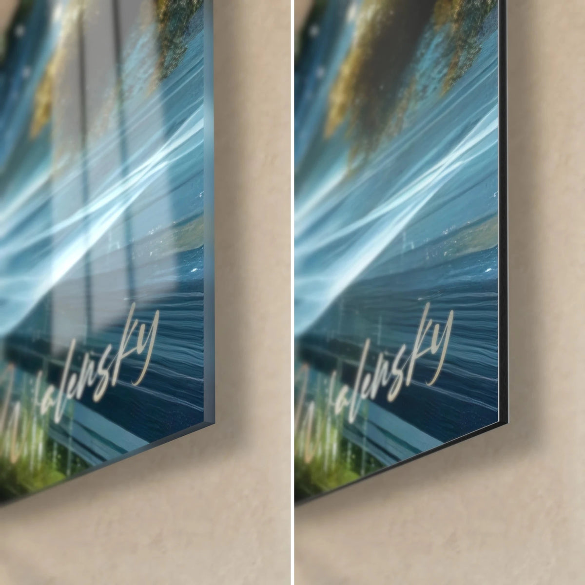 Gemälde eines Tals mit leuchtenden Schaltkreisen, Signatur unten rechts: weiß auf Blau und Grün, glänzendes Glas links, mattes Dibond rechts