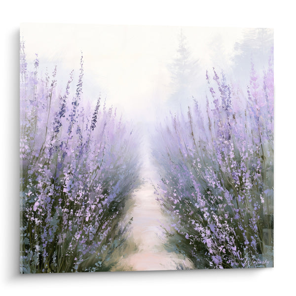 Tableau Champ de lavande allée mauve brumeuse - Chemin vers l'aube - Edition Lavande