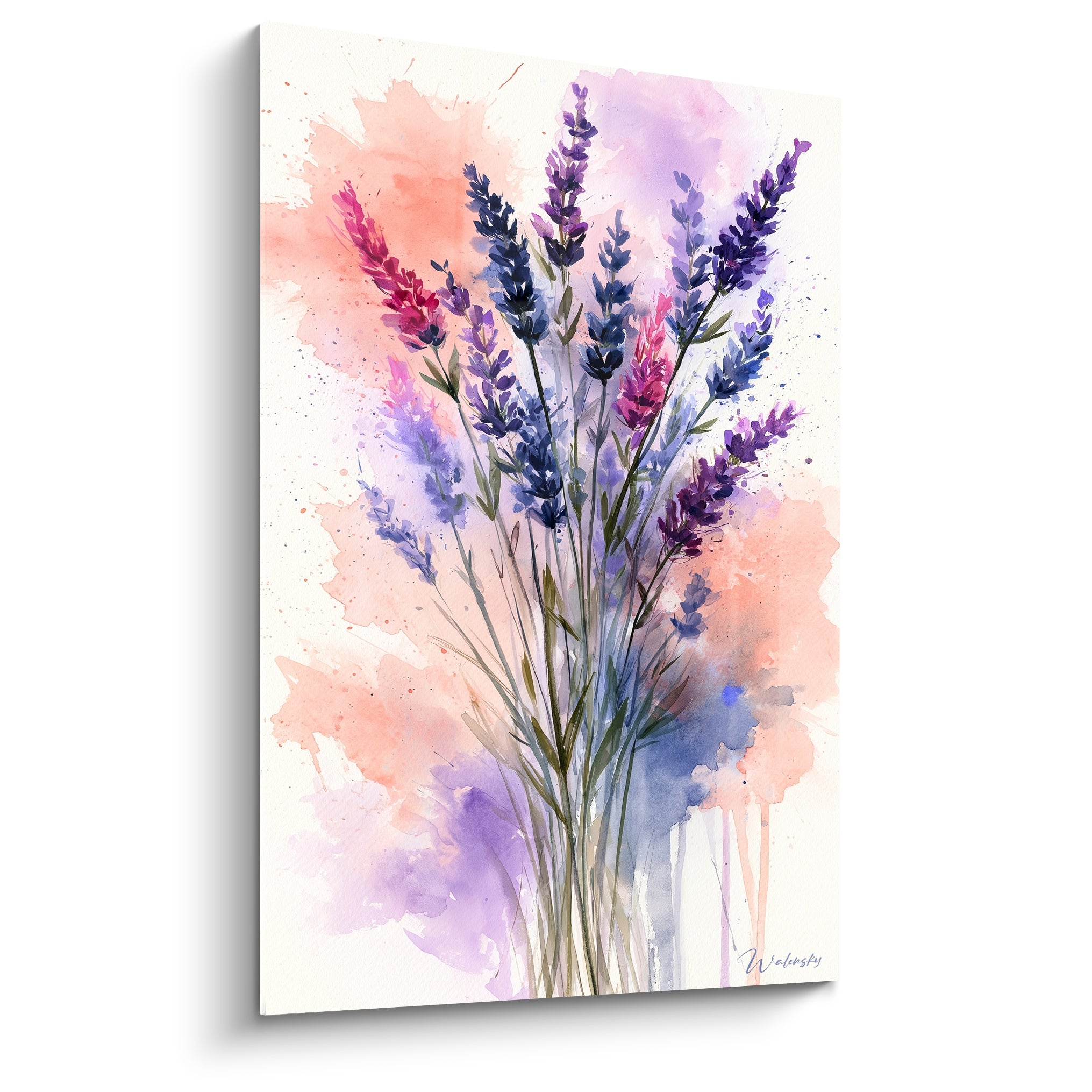 Bouquet de lavande violette et corail peint à l'aquarelle sur fond blanc éclaboussé
