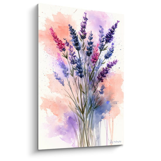 Bouquet de lavande violette et corail peint à l'aquarelle sur fond blanc éclaboussé
