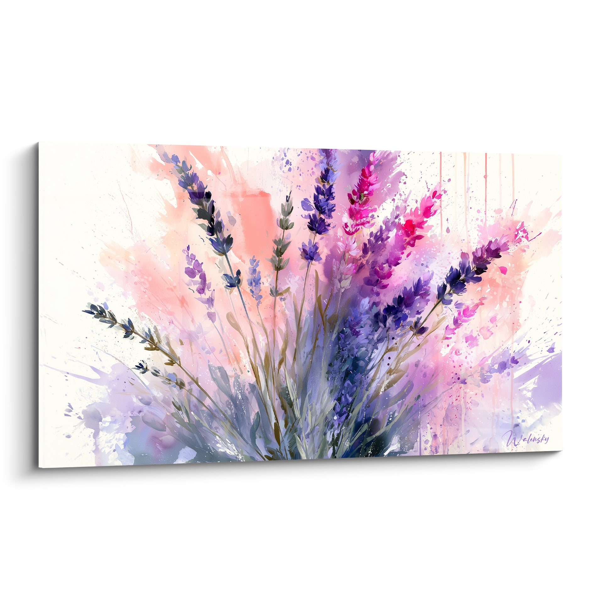 Lavande violette et rose en aquarelle éclaboussée sur fond crème, tiges dressées