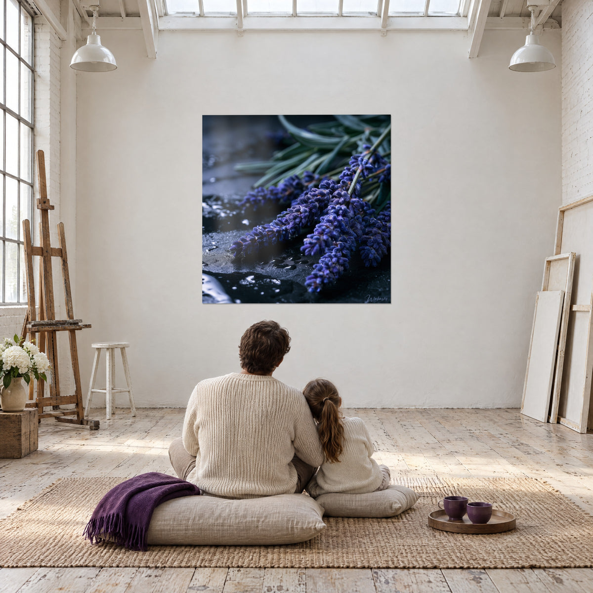 Wall art Fresh lavender in close-up, violet-blue and soft green tones on black stone, adult and child seated back to back on a rug