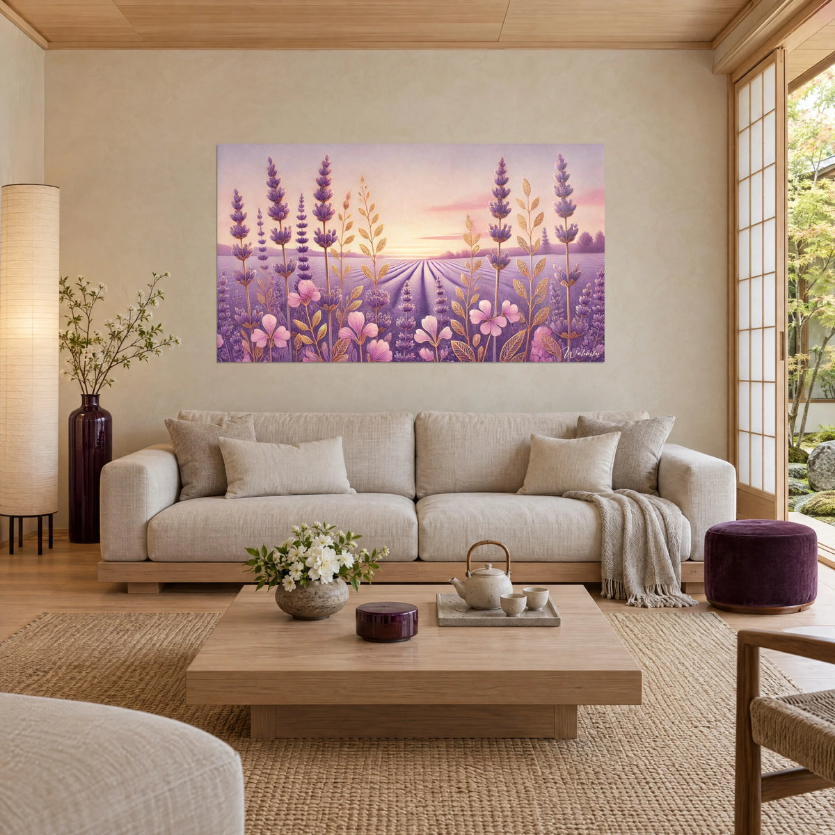 Gemälde Lavendelfeld in der Dämmerung, violette Ähren und goldene Blätter vor rosa Himmel, über einem Sofa in einem hellen Wohnzimmer