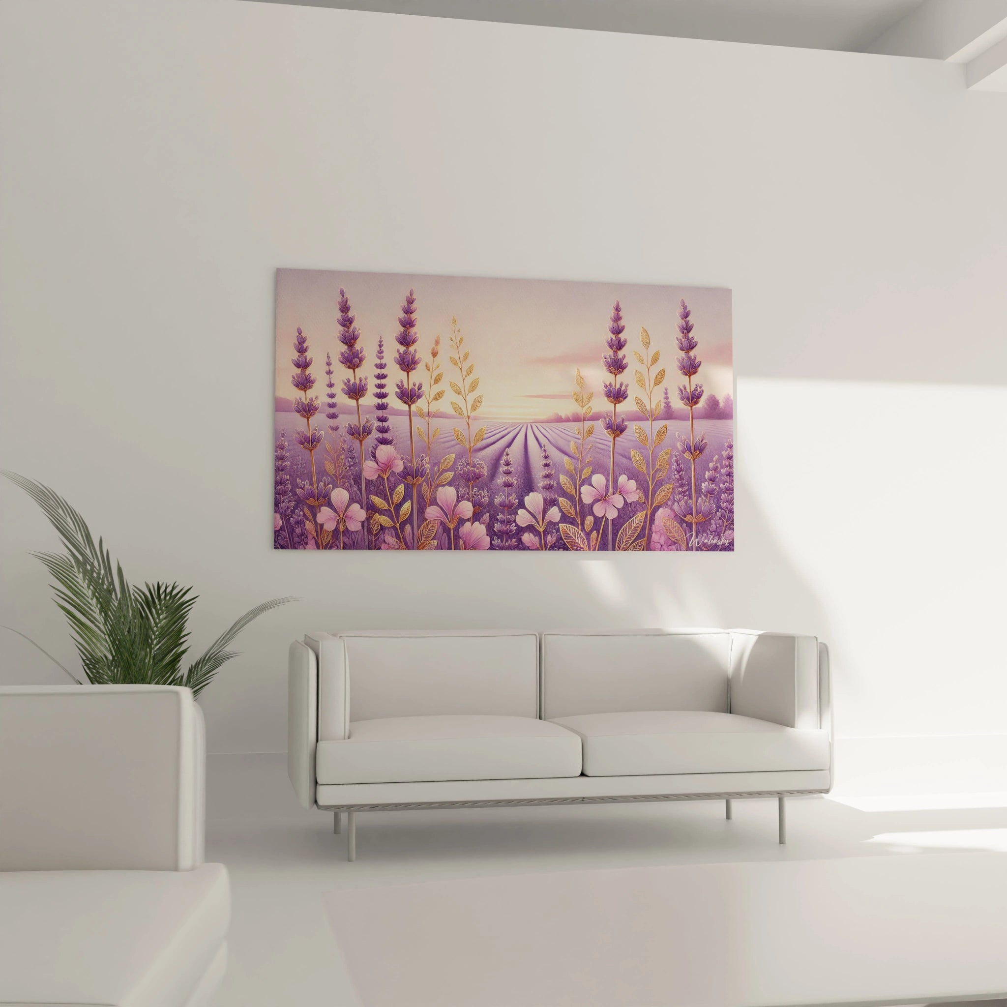 Dans un salon ce Tableau Champs de Lavande au-dessus du canapé crée un point focal apaisant Ses couleurs pastel et ses détails dorés inspirent la quiétude et la beauté des paysages provençaux

