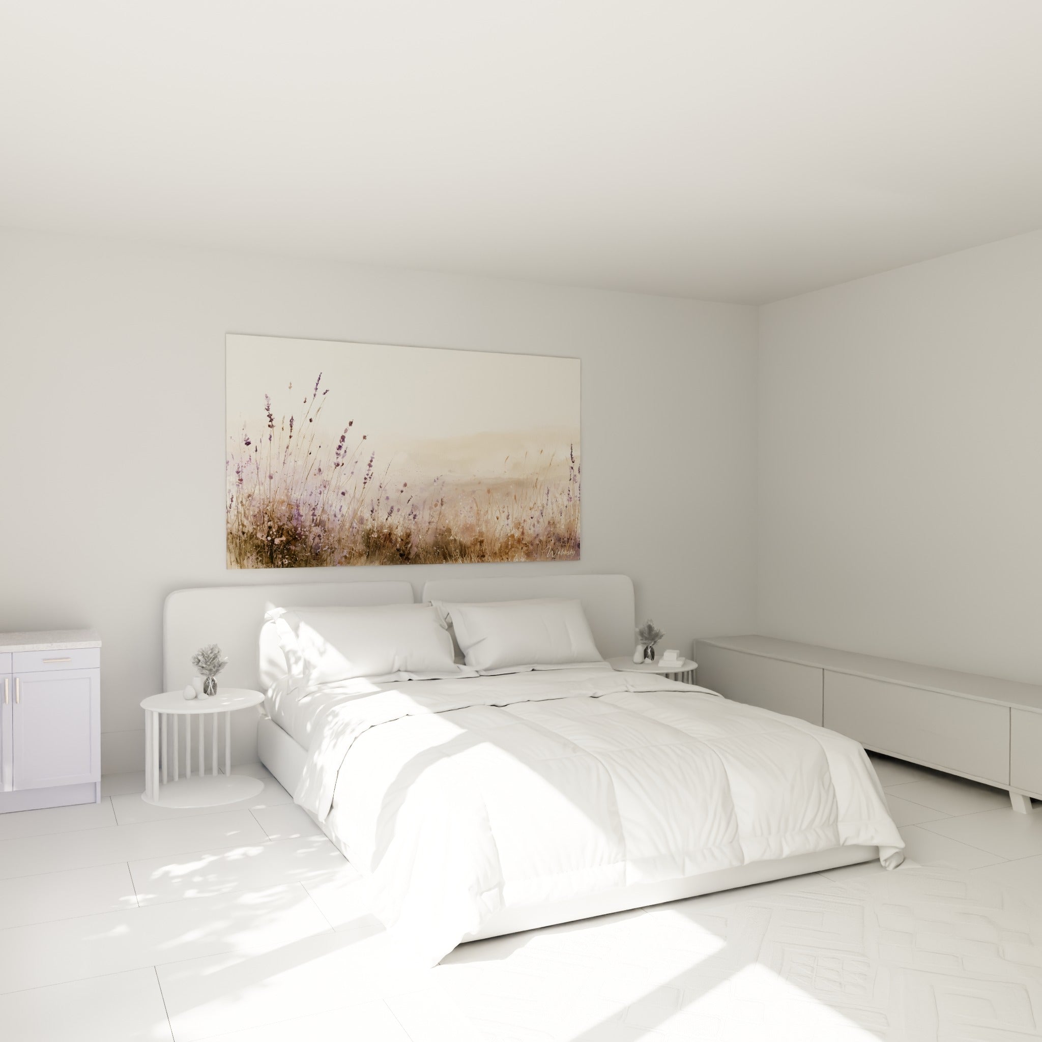 Lavande mauve aux tiges brunes peinte en aquarelle, au-dessus d'un lit dans une chambre claire