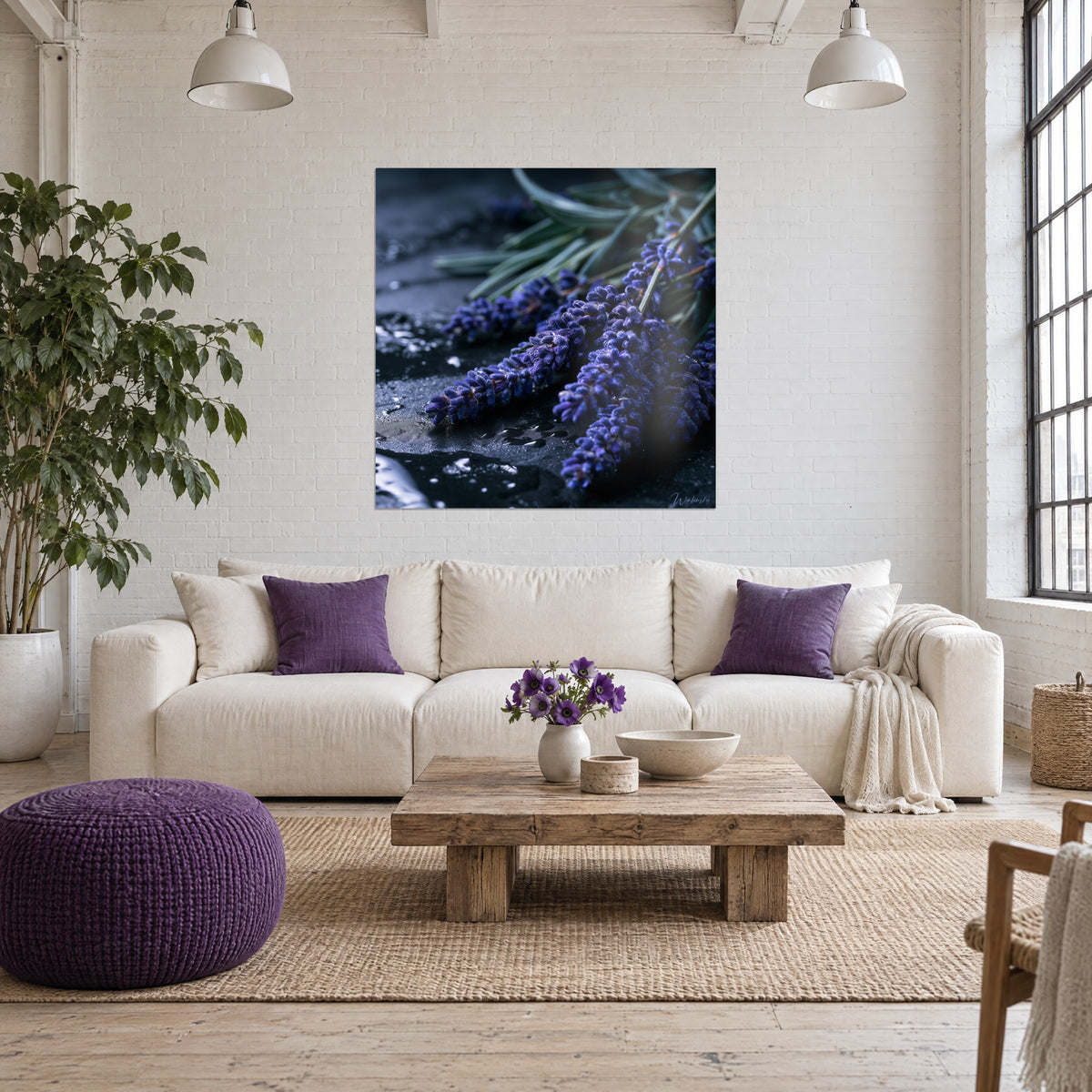 Wall art Purple lavender spikes on black slate beaded with droplets, sage green foliage, above a sofa in a bright living room