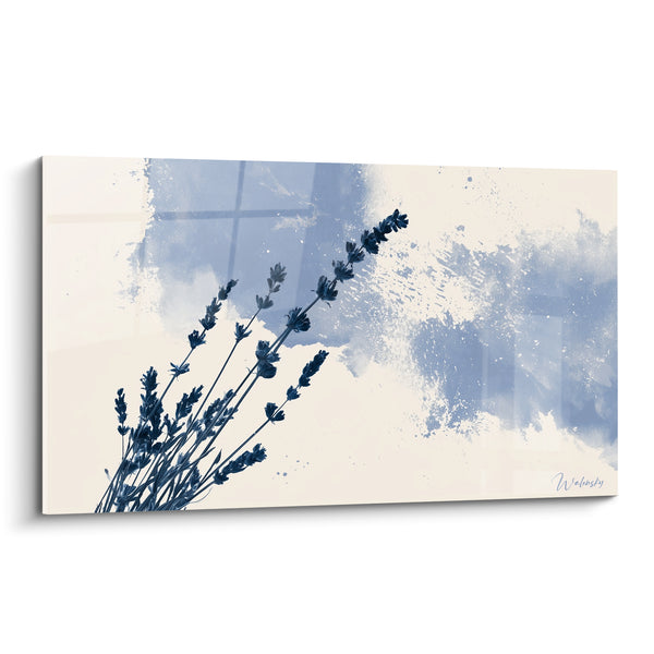 Tableau Épis de lavande bleu marine et ivoire éclaboussés - Silhouette monochrome des tiges - Edition Lavande
