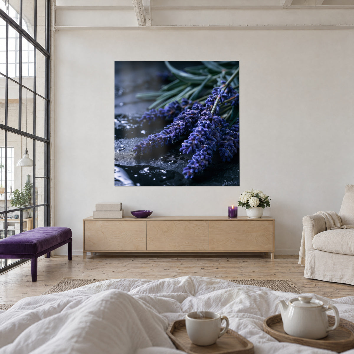 Wall art Mauve lavender bouquet on wet slate, grey-green leaves, crumpled white throw, above a bed in a bright bedroom