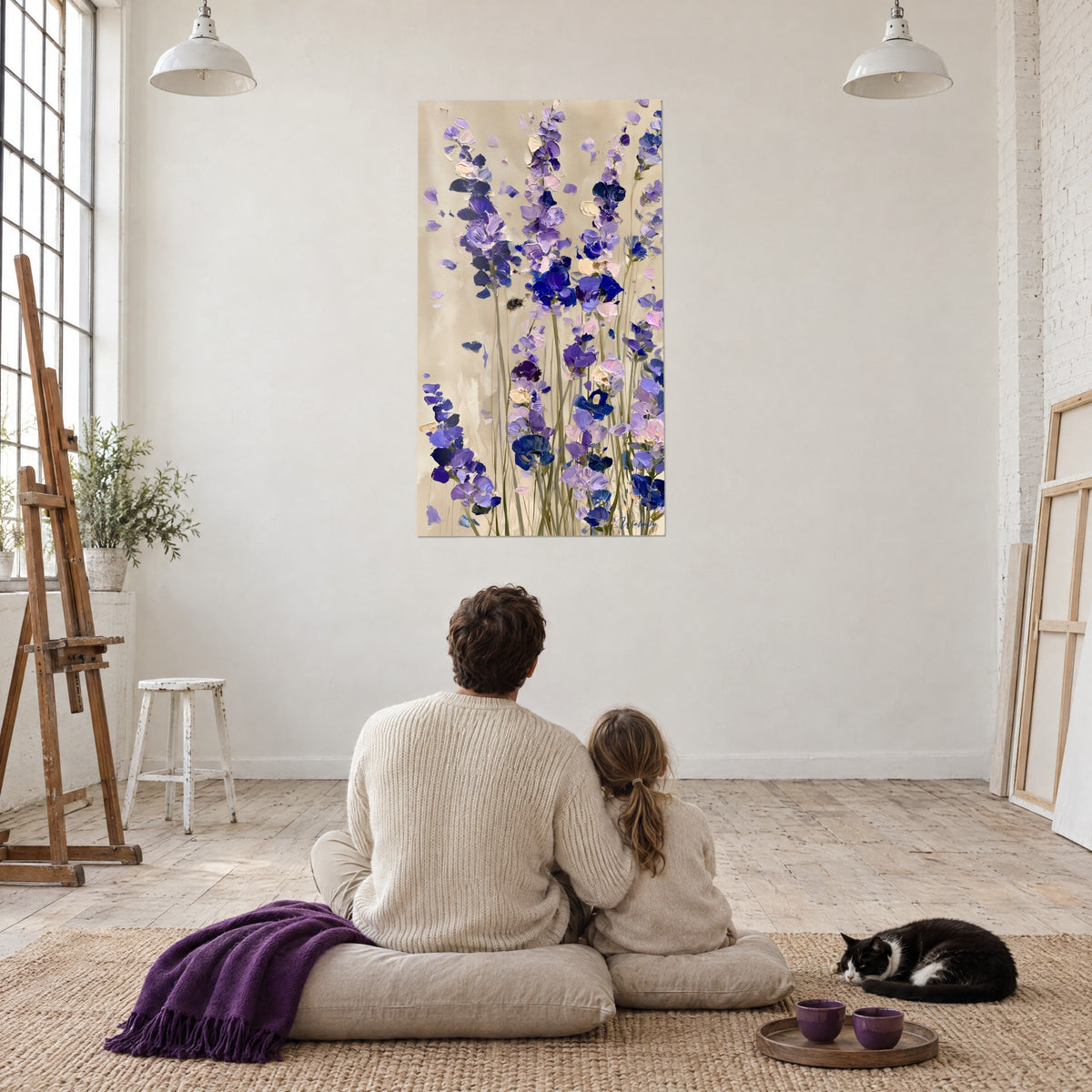 Quadro bouquet selvatico viola e rosa cipria in pittura spessa, due persone di spalle e gatto tuxedo in un loft d'artista