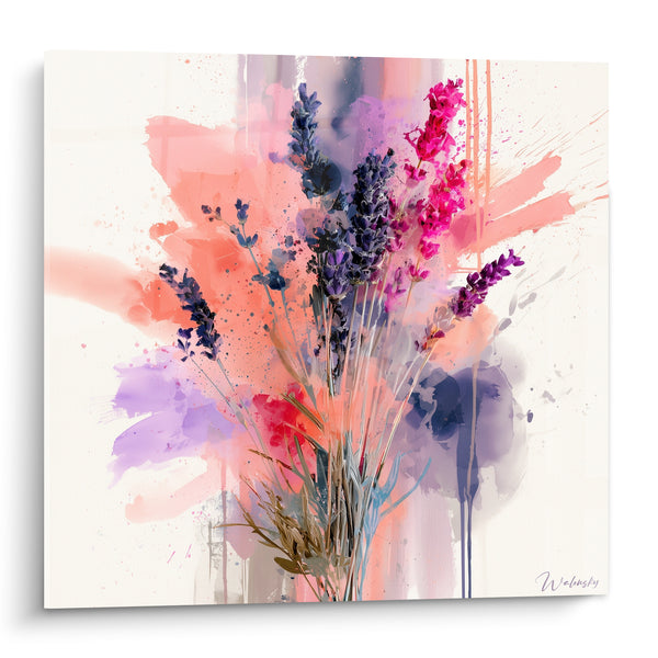 Tableau Bouquet violet et corail aux éclaboussures - Cueillette éclatante - Edition Lavande