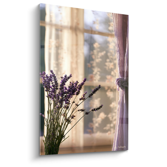 Tableau Bouquet violet devant rideau fleuri - Lumière de fin de matinée - Edition Lavande