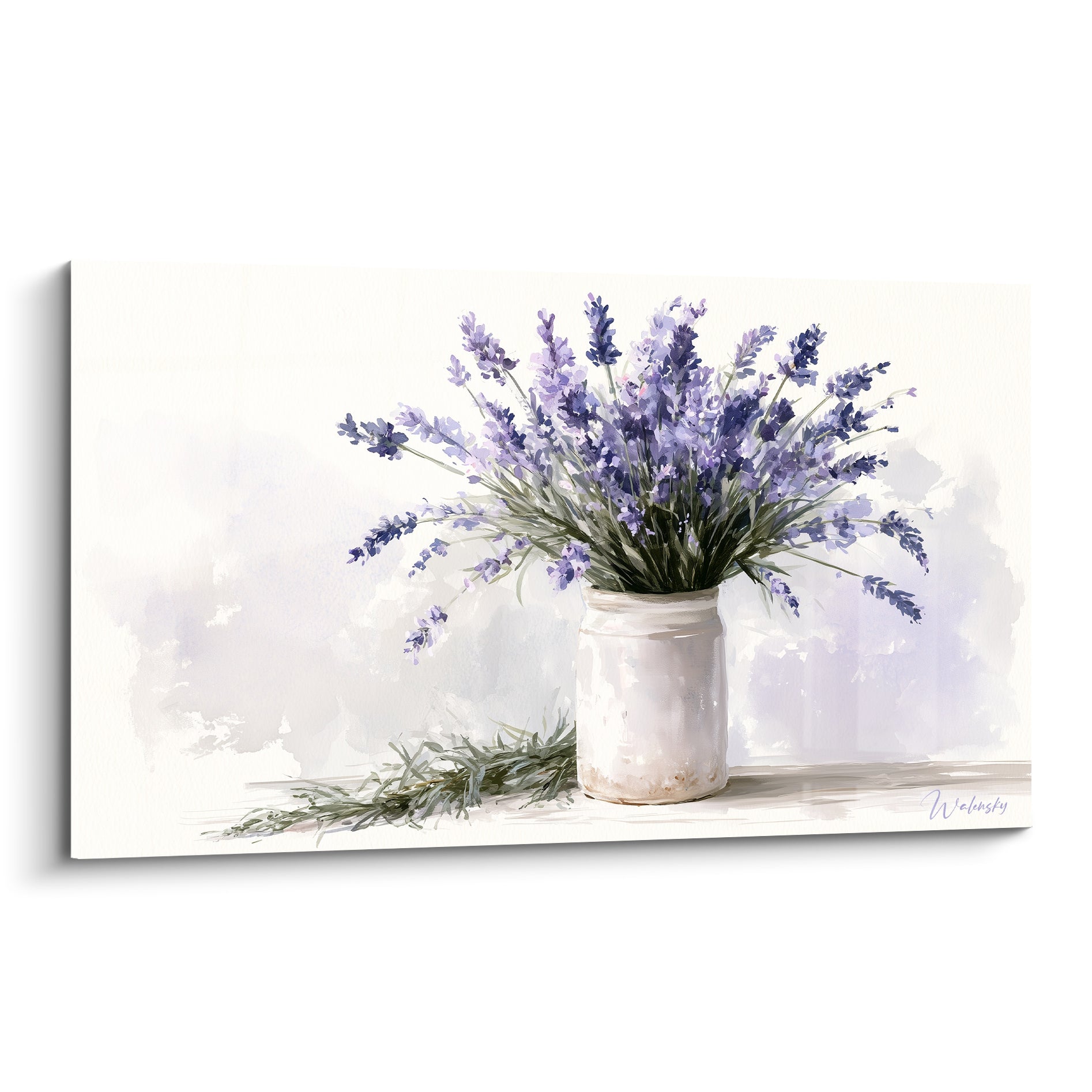 Bouquet de lavande violette dans un pot blanc, aquarelle sur fond crème et gris pâle