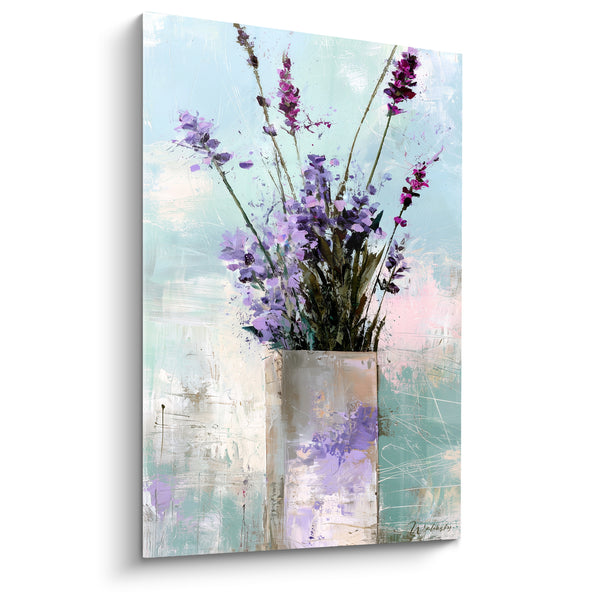 Tableau Bouquet violet et turquoise en vase - Instant de fraîcheur - Edition Lavande