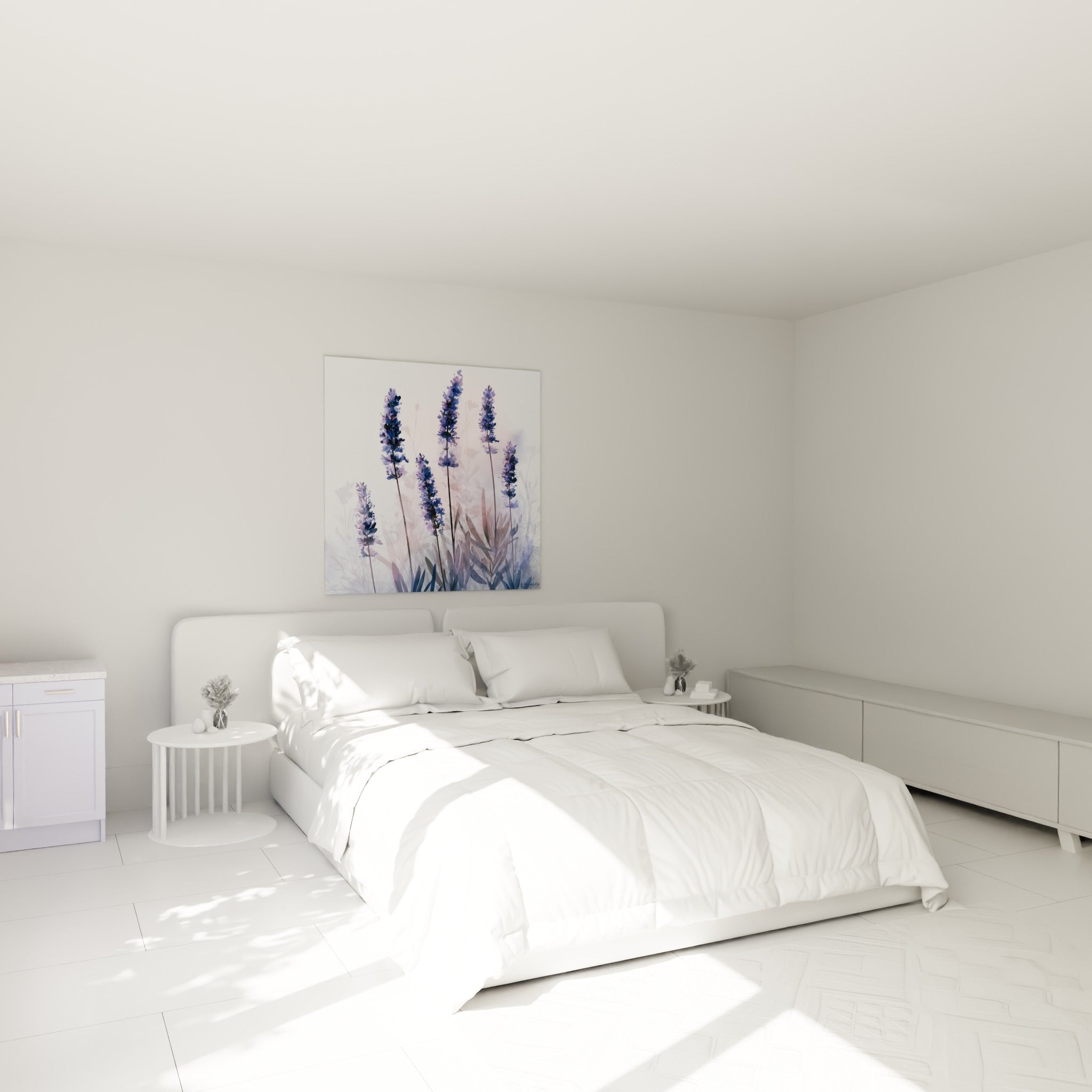 Lavande violette et rose poudré peinte au-dessus d'un lit dans une chambre claire
