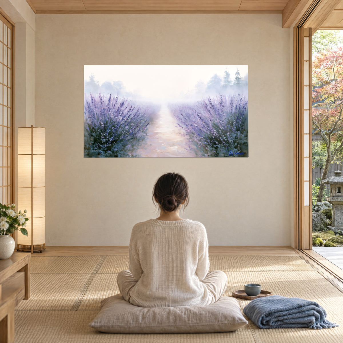 Cuadro lavandas pintadas con pincelada gruesa, malva y rosa pálido, cielo blanco nacarado, delante de una mujer sentada de espaldas en meditación