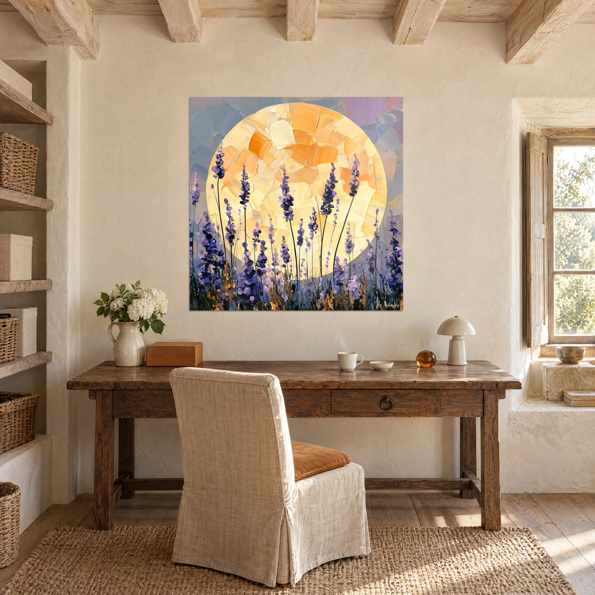 Wall art bunch of dark lavender, grey-blue sky and orange moon with square touches, above a wooden desk