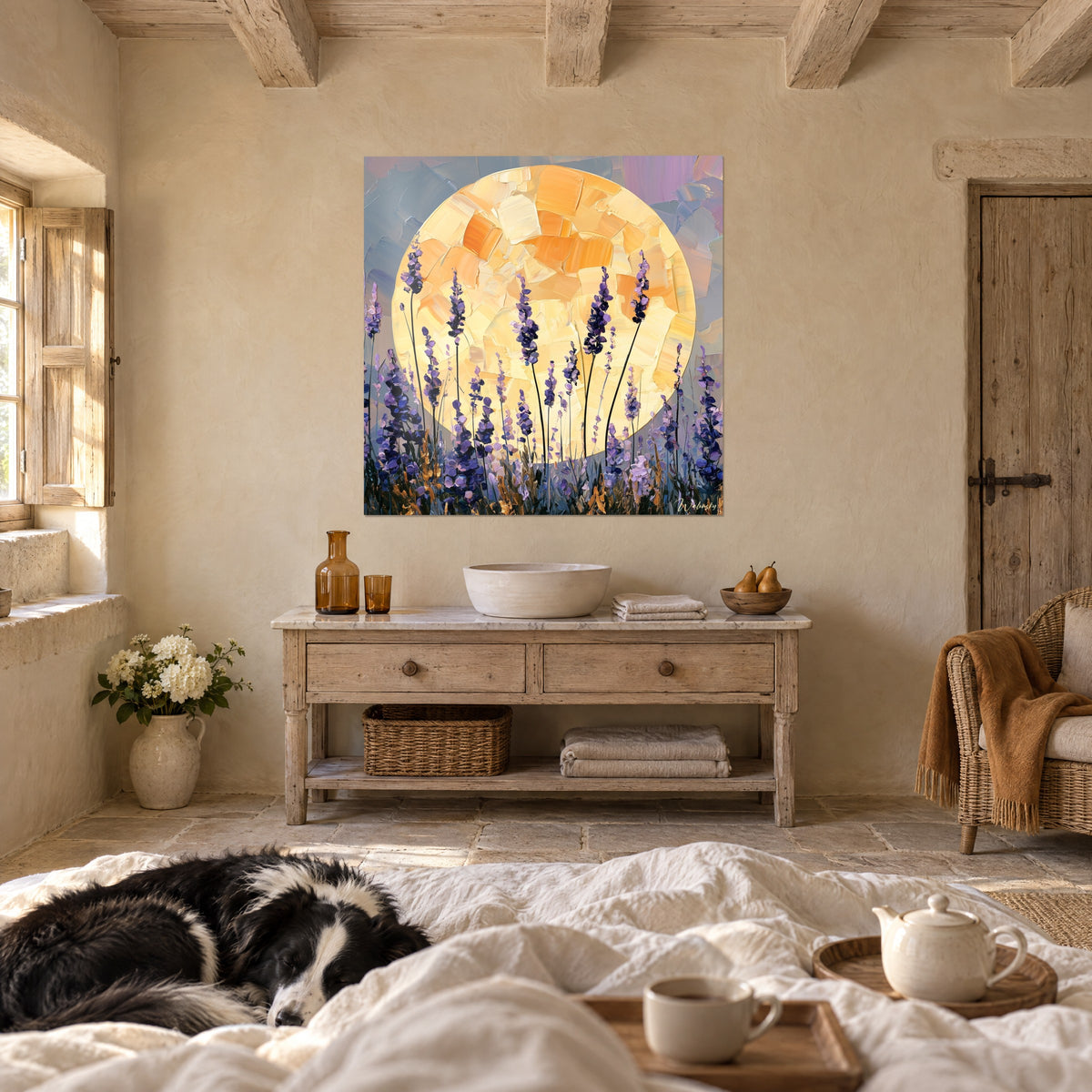 Wall art purple flowers on black stems, saffron sun in thick flat strokes, above a bed in a bright bedroom