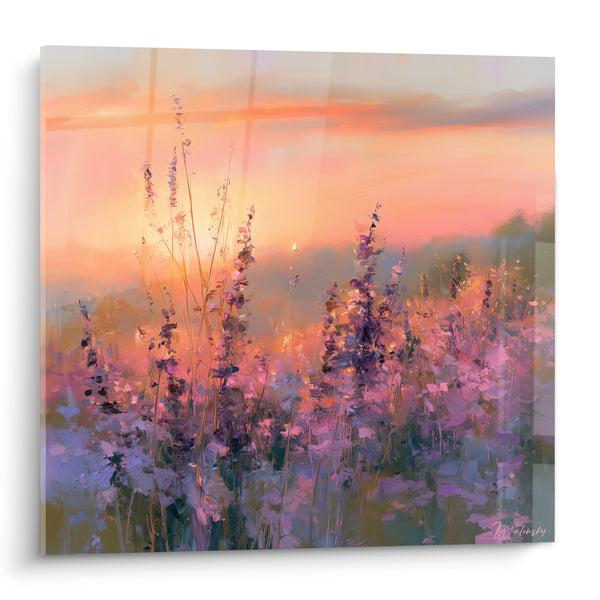 Tableau Champ de lavande sous ciel orangé - Douceur du crépuscule - Edition Lavande