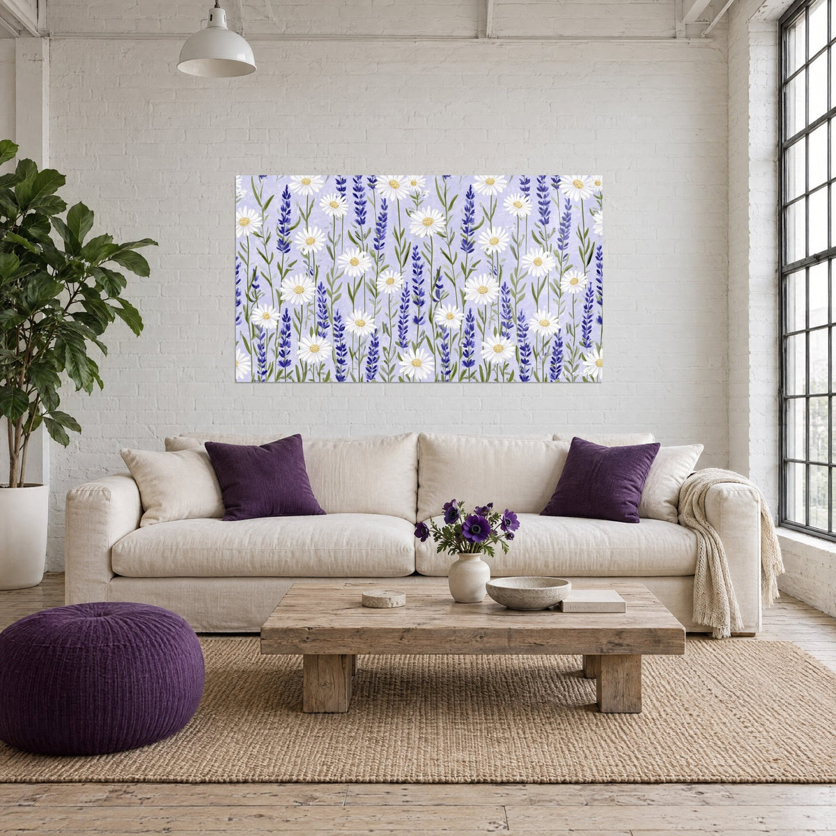 Wall art white daisies with golden hearts among indigo lavender spikes on a lilac background, above a sofa in a bright living room