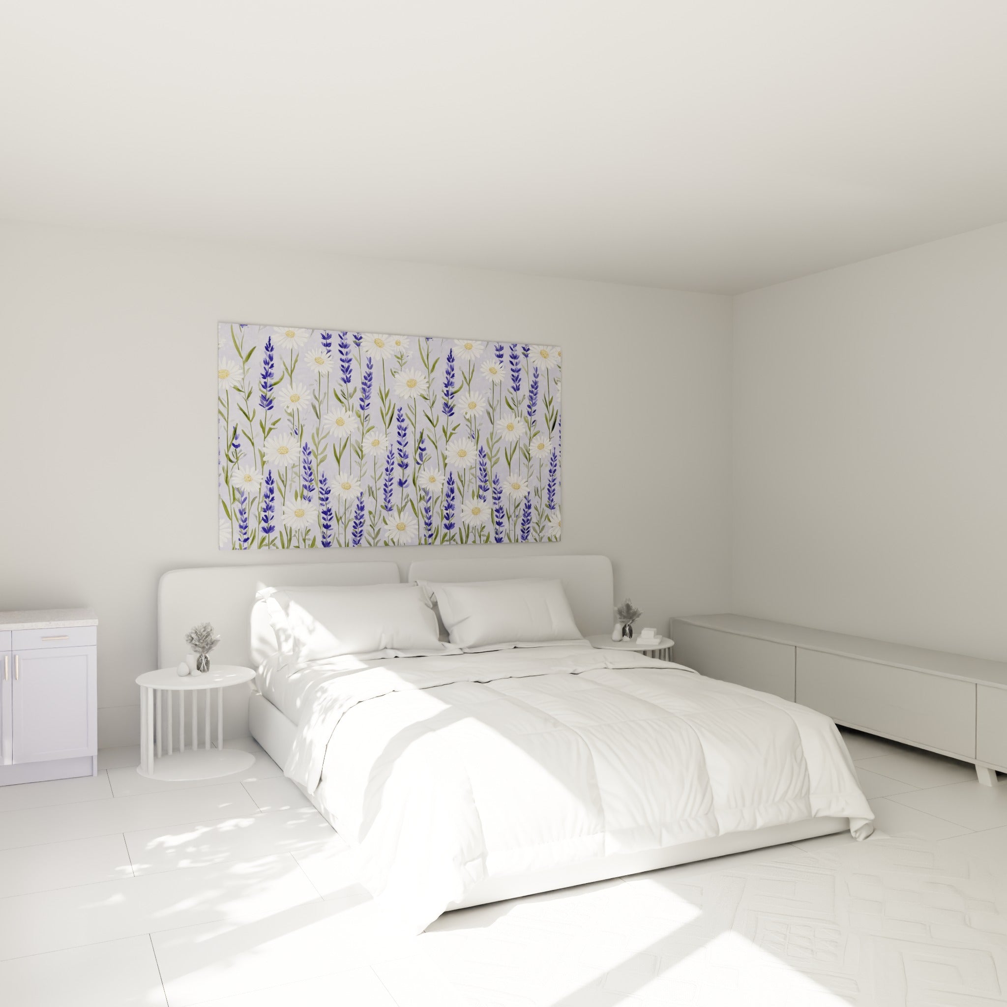 Champ fleuri lavande et marguerites blanches au-dessus d'un lit dans une chambre claire