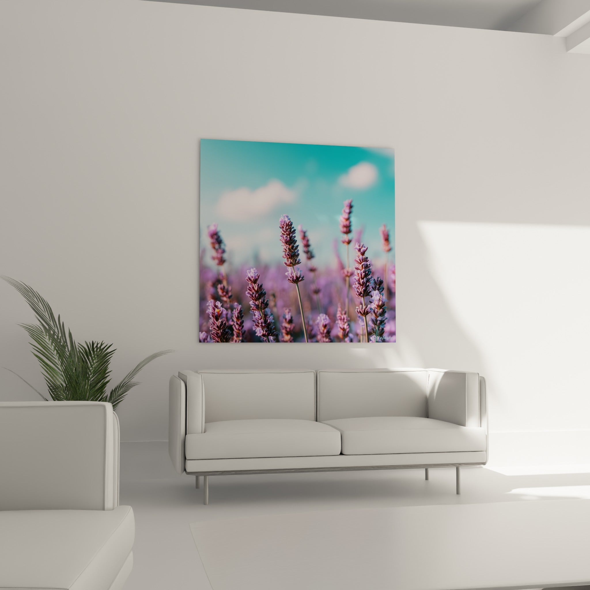 Tiges de lavande violette et fond flouté turquoise au-dessus d'un canapé dans un salon lumineux