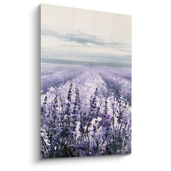 Tableau Champ violet et gris au sillon lumineux - Rangée de tiges givrées - Edition Lavande