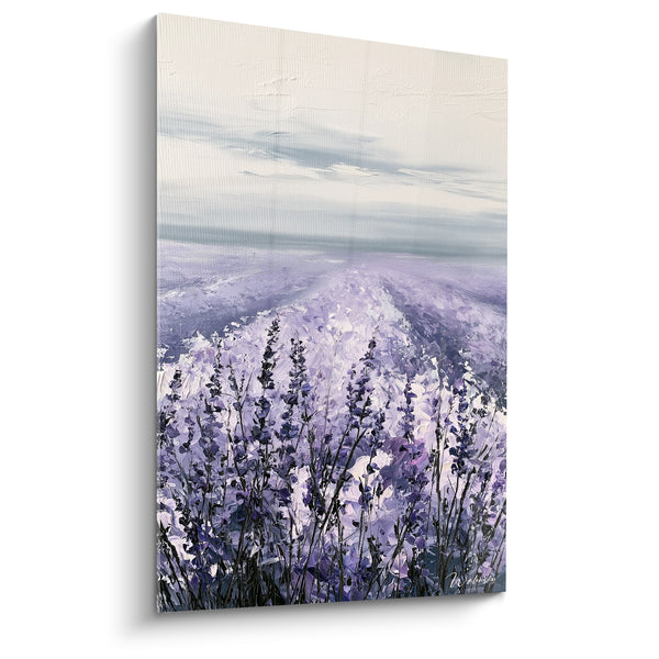 Tableau Champ violet et gris au sillon lumineux - Rangée de tiges givrées - Edition Lavande